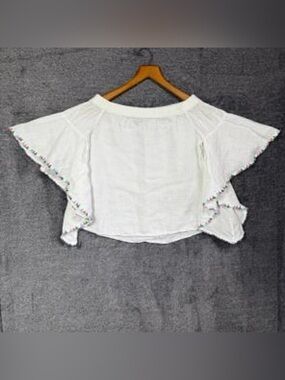 Zara 100% Linen Off Shoulder Boho Blouse Tassel Trim XS